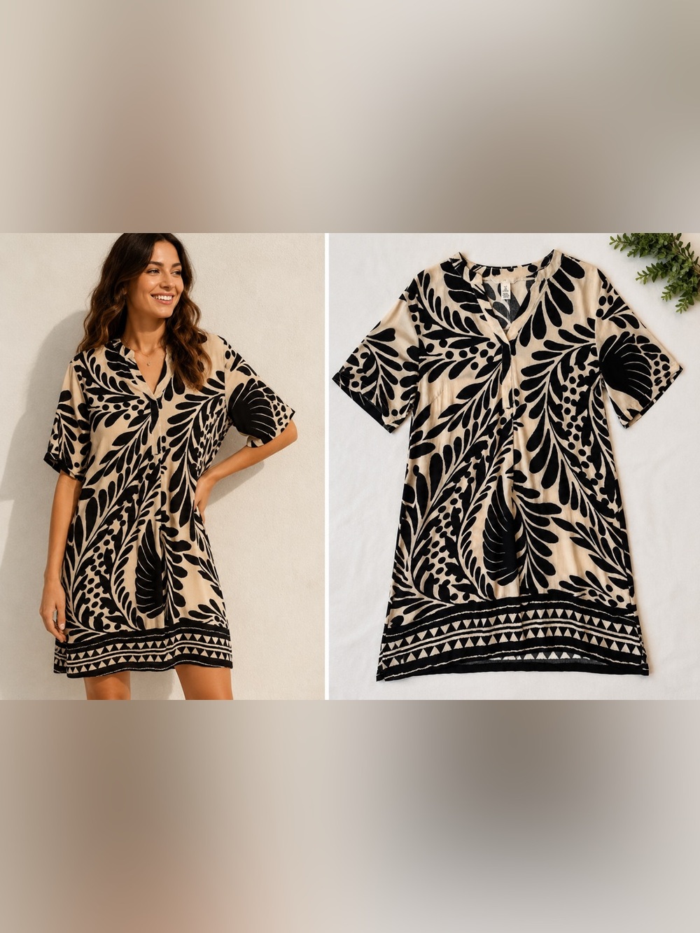 H&M Tropical Leaf Print Mini Tunic Dress Cream Black Size Small Boho Shift Artsy